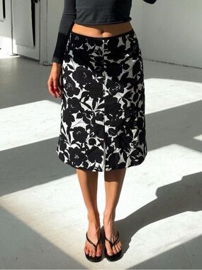 Black & White Floral Cotton Midi Skirt